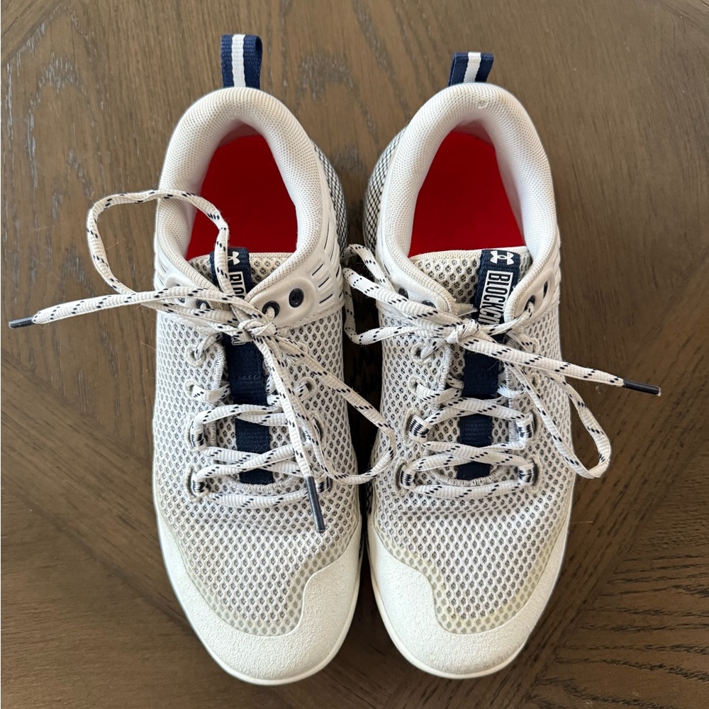 Under Armour Women's HOVR Block City Volleyball Shoe White with Navy Blue Accent